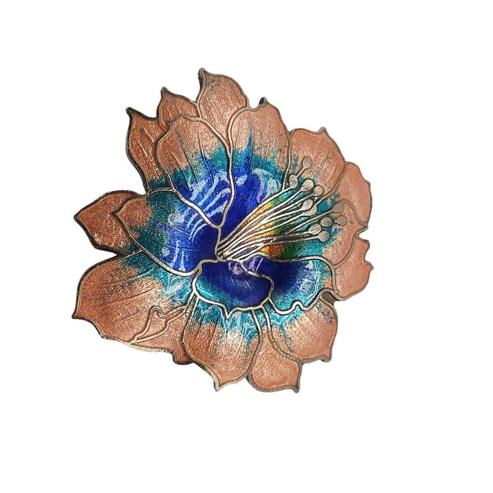 Vintage Hibiscus Flower Cloisonne Cloisonné Enamel Peach Blue Green Brooch Pin